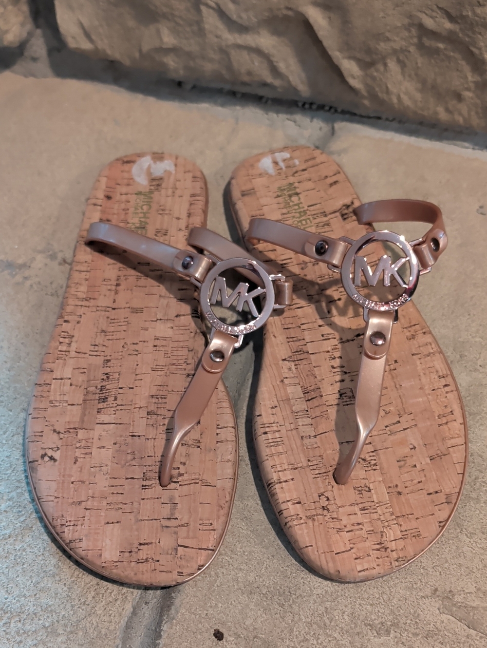 Michael Kors Rose Gold MK Logo Cork Thong Sandals